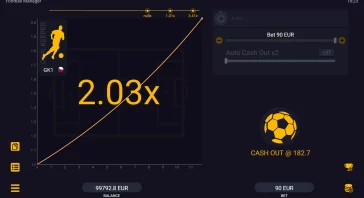 Betting dashboard showing a football odds graph with a 2.03x multiplier, GK1 user badge on the left, and a balance near the bottom (EUR shown).