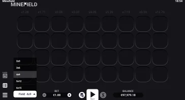 Dark Minefield game UI with a grid of empty rounded-square cells; left side shows size options and 'Field 4x9' selected, top-left logo and time at top-right.
