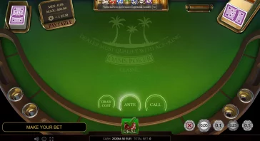 Poker table setup with cards, chips, and betting controls visible; central 'Oasis Poker' theme on green felt.