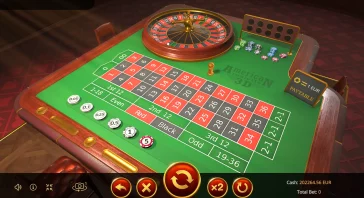 Casino roulette table with a green felt, roulette wheel, betting layout, chips, and a paytable on the side; betting options visible across the table edge.
