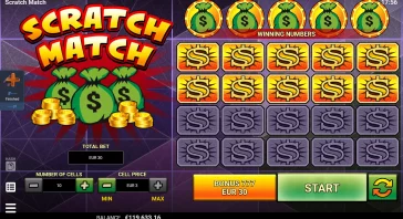 Scratch Match game interface: purple background with bold orange text, money bags and coins on left, and a 5x5 grid of gold dollar tiles on the right showing potential wins.