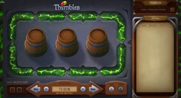 Three wooden barrels centered in a dark stone frame with glowing green veins, part of a fantasy game UI labeled Thimbles.