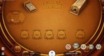 Gold-toned Texas Hold'em bonus table with betting spots (ANTE, CALL, TURN, RIVER, BONUS) and a central Deal button; poker chips along the edge.