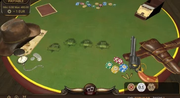 Top-down view of a Western-themed poker table with a hat, pocket watch, coins, and a row of poker chips near the center; betting areas labeled ANTE, CALL, BET TURN, and BET RIVER.