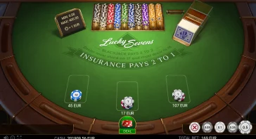 Top-down view of a casino table with green felt, chip racks, a 'Deal' button, and a bold 'Lucky Sevens' logo in the center.