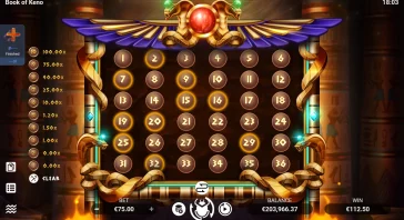 Keno game screen with a glowing grid of numbered balls 1–36 in a gold ornate frame and a bet/balance area below.