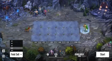 Isometric fantasy game arena with a 3x6 blue-tiled field, a hero on the right under a glow, and a donkey on the left; betting UI at the bottom.