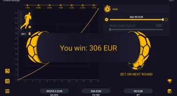 Win banner on a dark betting UI: "You win: 306 EUR" with yellow soccer graphics in the background, balance and bet panels visible.