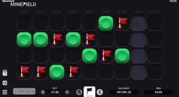Minefield game grid on dark background with green activated buttons and red flag icons in several cells. Left navigation icons are visible.