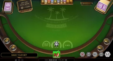 Top-down view of a green poker table with chip racks at top, cards on left and right, and a central Deal button in green. watermark reads Oasis Poker Classic.