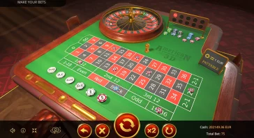 Roulette table setup with a spinning wheel, numbered betting grid, chips, and a 'Make your bets' banner at top-left.
