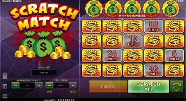 Scratch Match game interface with a grid of golden dollar tiles showing euro amounts (e.g., EUR 30, EUR 24, EUR 15) and a left panel with a Scratch Match banner and coin bags; total bet €120 and balance €119,513.16 visible at the bottom-left/right.