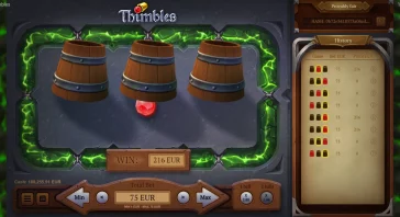 Three wooden betting barrels with a red gem beneath on a fantasy game screen titled Thimbles.