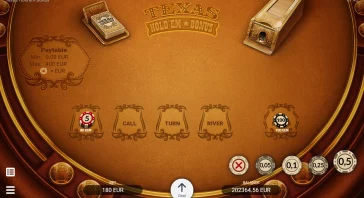 Texas Hold'em Bonus poker table with orange-brown felt, bet chips and dealer button visible in a digital casino interface