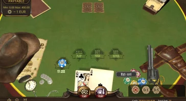Overhead view of a poker table with two face-up cards, stacks of chips, a revolver on the right, and action buttons reading Call, Bet, Fold.