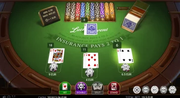 Online blackjack table showing three player hands with cards and bets in euros; chips, betting buttons (Hit, Double, Split, Stand) at bottom and cash total displayed at the edge.