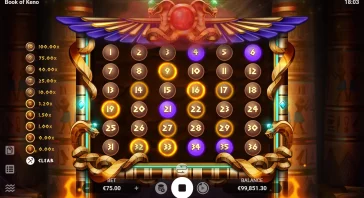 Keno game board with circular numbered balls 1–36 on an ornate gold and purple frame, betting area at bottom.