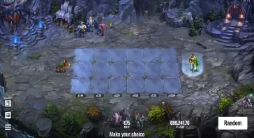 Top-down fantasy battle scene: a stone-tile grid in the center, heroes on the left, glowing hero highlighted on the right, rocky cavern backdrop.
