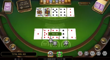 Poker table in progress showing community cards and a player's hand; total win shown as 400 with betting options and chips around the table.