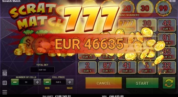 Big win shown: EUR 46,635 overlaid on a Scratching game screen with gold coins and a 777 banner in the background.