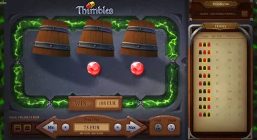 Thimbles game screen: three wooden barrels with metal bands, two red gems, green glowing frame, 'WIN: 108 EUR' bottom, history panel on right.