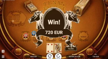 Win screen: big 720 EUR prize displayed on a casino table with horse head logo and circular black banner in the center.