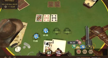Top-down poker table: three community cards (Jack of hearts, 9 of diamonds, 9 of spades) on green felt with chip stacks and betting UI nearby.
