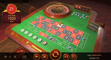Casino roulette table scene: green felt, roulette wheel at the top center, betting grid with numbers and color blocks, and chips scattered on bets.