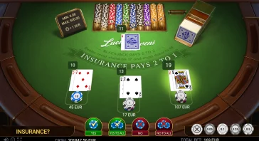Online blackjack table scene with players' cards, chips, and bets; three hands shown with bets of 45 EUR, 17 EUR, and 107 EUR, and a green felt table labeled Insurance.
