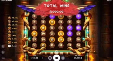 Total Wins banner showing $1,000.00 over a grid of glowing numbered balls in a casino game design as a win screen.