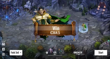 Win screen: smiling elf in gold armor with a parchment banner reading 'Win €364.5' in a cavern setting, center stage.