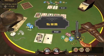 Poker table with a 'Win 560 EUR' banner and visible cards, chips, and a revolver on the right; casino vibe scene.