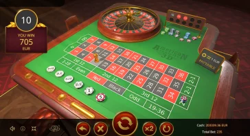 Roulette table with wheel, betting layout, chips, and a green felt surface showing a win banner reading 'You win 705 EUR' on the left.