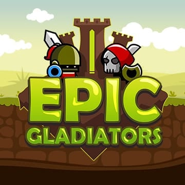 Logo for the game Epic Gladiators with cartoon knights, a castle, and bold green title text.