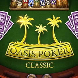 Poker table with Oasis Poker Classic branding, featuring palm trees over a gold banner reading 'OASIS POKER CLASSIC' and purple-backed cards at the sides.