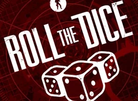 Logo for the game Roll the Dice, featuring rolling dice on a red, circular patterned background.