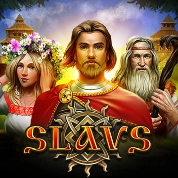 Colorful game cover showing three Slav figures (center bearded man in red tunic, left woman with flower crown, right old man with staff) and the title SLAVS with a decorative emblem.