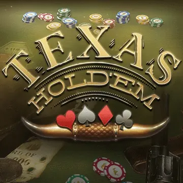 Gold 'Texas Hold'em' logo with poker chips scattered above and a decorative horn below on a green felt background.