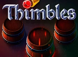 Icon for the game Thimbles featuring three wooden barrels beneath a decorative title and pin graphic above.