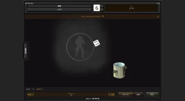 Casino game screen titled 'Roll The Dice' with a white die midair above a beige mug on a dark background; a gray soldier silhouette inside a circle is faintly visible in the center.