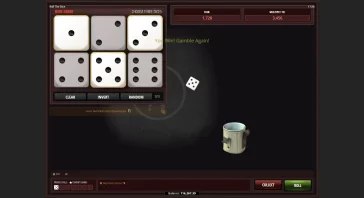 Gambling game UI: six dice grid with one die showing five, other dice gray; buttons say Clear, Invert, Random; text reads You Win! Gamble Again! 3/3 rolls left.