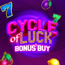 Bright casino promo banner for 'CYCLE of LUCK' with BONUS BUY in neon pink/yellow text, surrounded by colorful fruit icons on a purple swirl background.