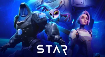 Group of armored space explorers posing in front of a blue planet, with the title 'STAR GUARDIANS' appearing over them.