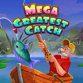 Colorful game title screen: Mega Greatest Catch with a bearded man fishing from a wooden boat and a jumping purple fish nearby.
