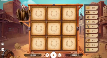 Old West–themed online slot game screen with a vulture perched on the left and a 3x4 grid of prize chests; paytable shown on the right.