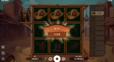 Slot game win screen with three cowboy hats on green reels and a glowing wood sign reading WIN 3500
