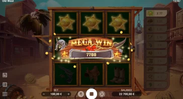 Western-themed online slot game screen celebrating a Mega Win with 7700 payout and golden coins falling around the reels