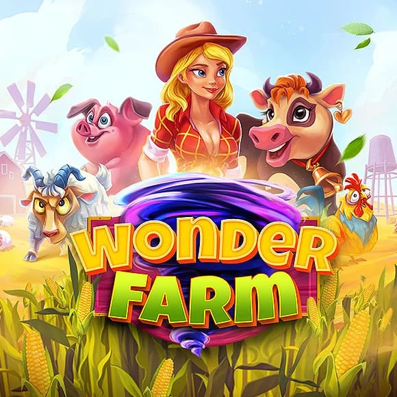 Colorful game cover featuring a smiling farmer girl with farm animals and the title 'Wonder Farm'.