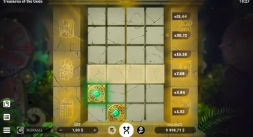 Treasure of the Gods gameplay: cracked stone grid with glowing artifacts and green gems, side multipliers visible.