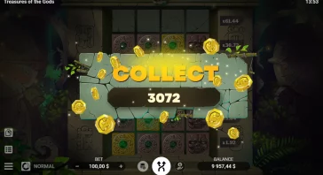 Screen showing a 'COLLECT' prompt with 3072 coins earned in a Treasure of the Gods game level.